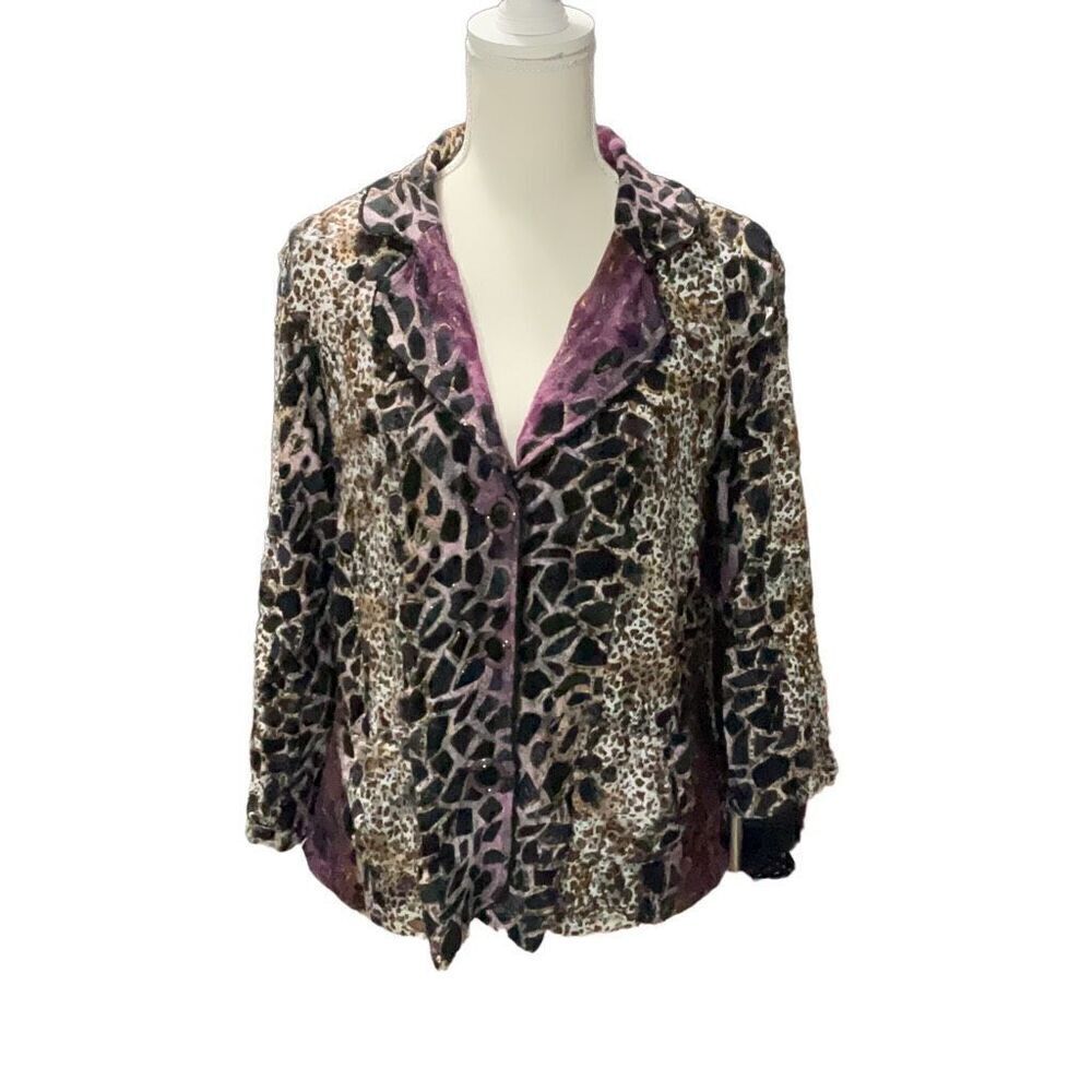 Alberto Makali VTG Animal Print Mesh Lined Shirt Jacket Purple Black Snaps XL